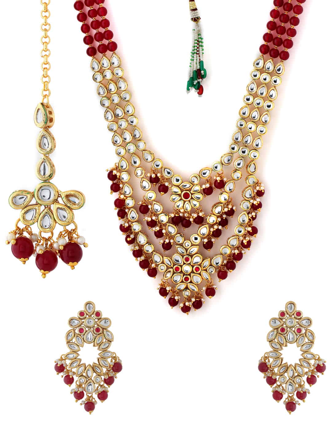 Gold Plated Kundan Bridal Long Necklace Set with Maang Tikka