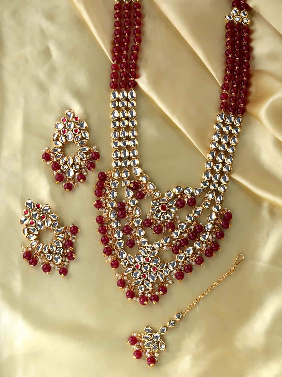 Gold Plated Kundan Bridal Long Necklace Set with Maang Tikka-Viraasi