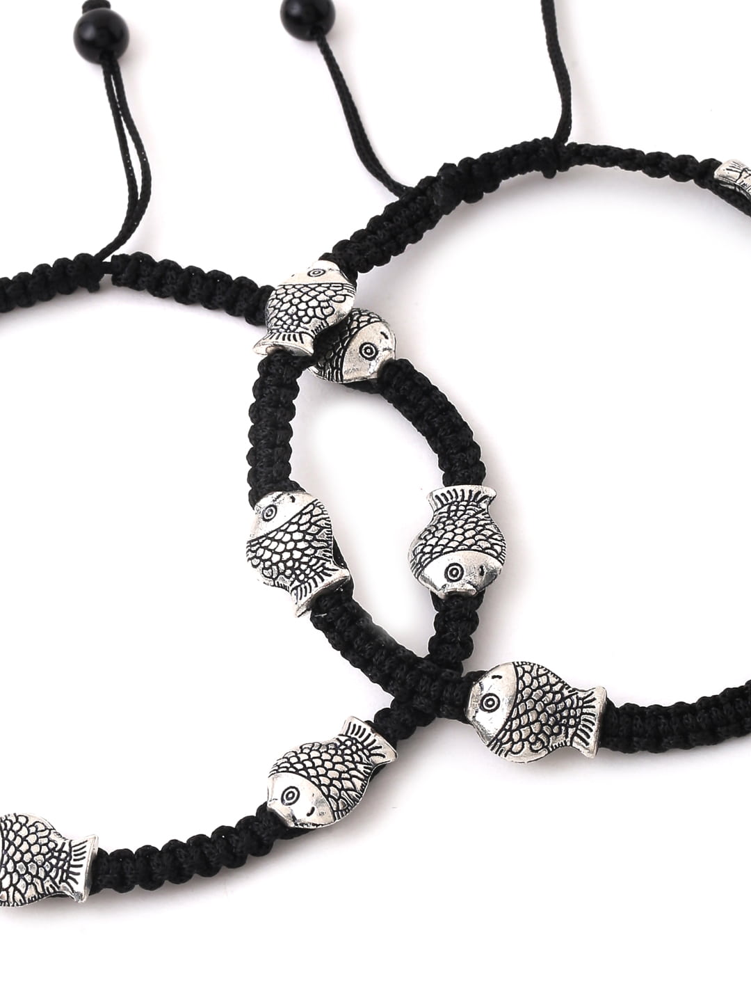 Black Silver-Toned Fish Shape Adjustable Anklet-Viraasi