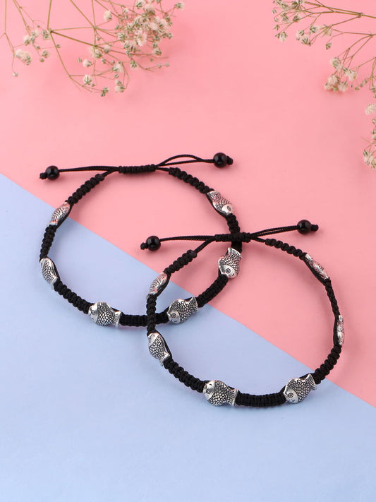 Black Silver-Toned Fish Shape Adjustable Anklet