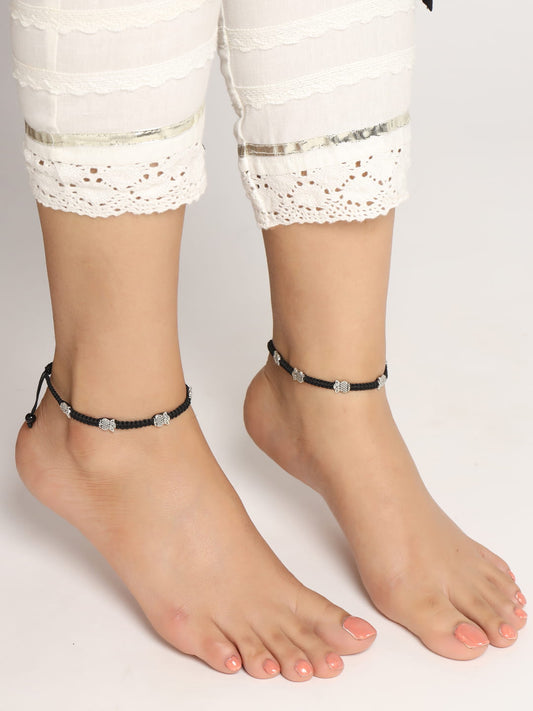 Black Silver-Toned Owl Shape Adjustable Anklet