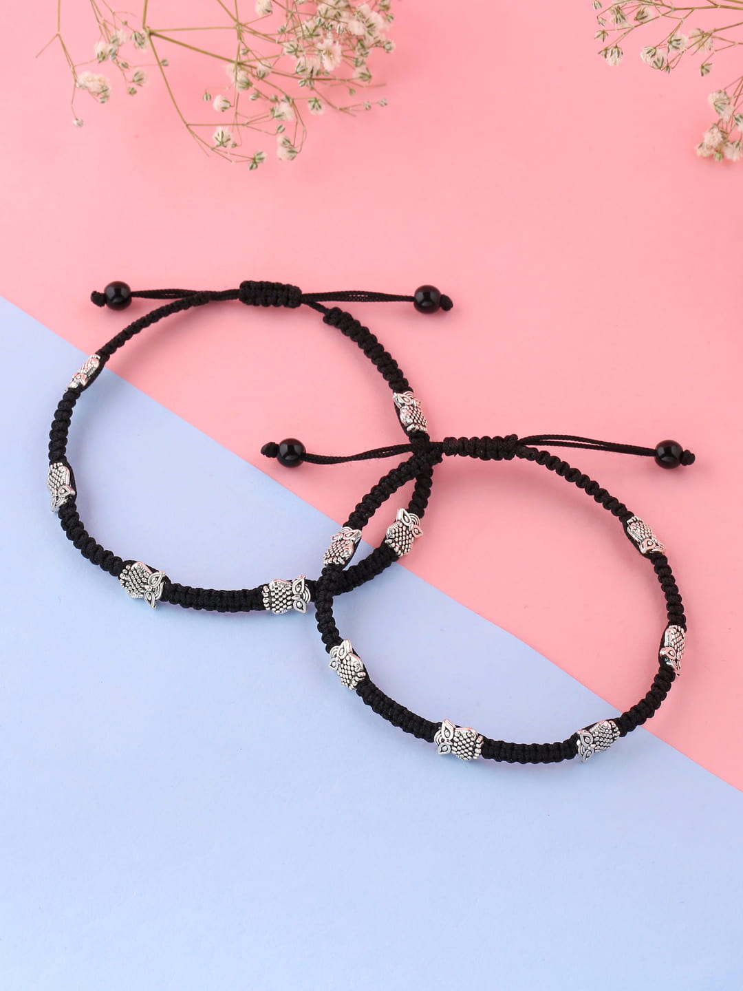 Black Silver-Toned Owl Shape Adjustable Anklet