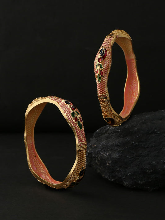 Gold Plated Red and Green Stone Studded Bangle - Set of 2