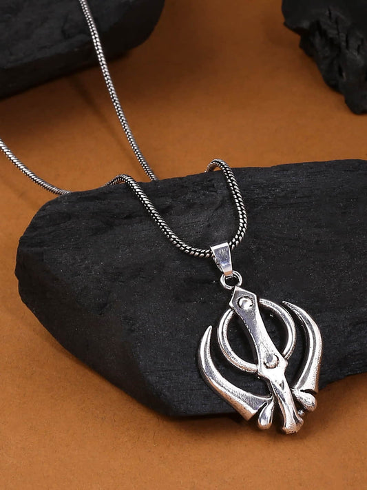 Antique Silver Plated Khanda Pendant with Chain