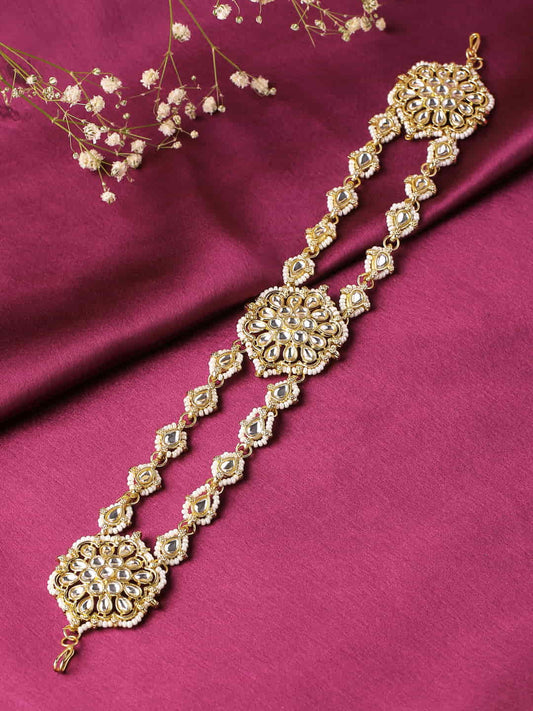 Gold Plated and White Beaded Kundan Sheeshphool