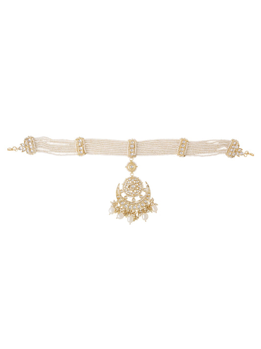 Gold Plated White Kundan Studded Pearl Handcrafted Matha Patti