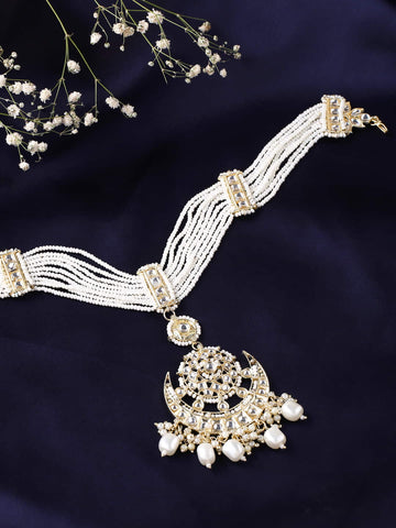 Gold Plated White Kundan Studded Pearl Handcrafted Matha Patti
