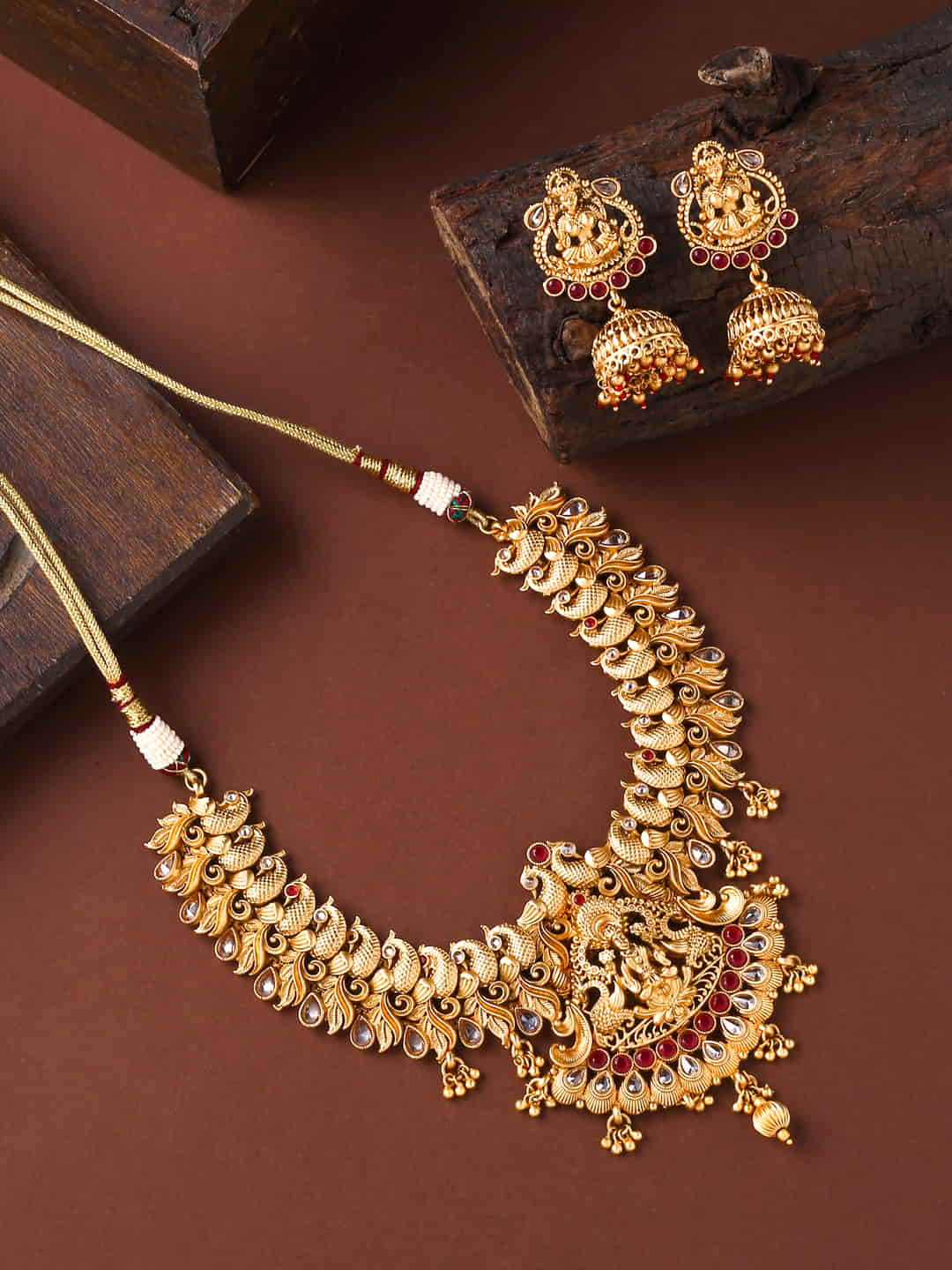 Gold Plated Goddess Laxmi Temple Necklace Set-Viraasi