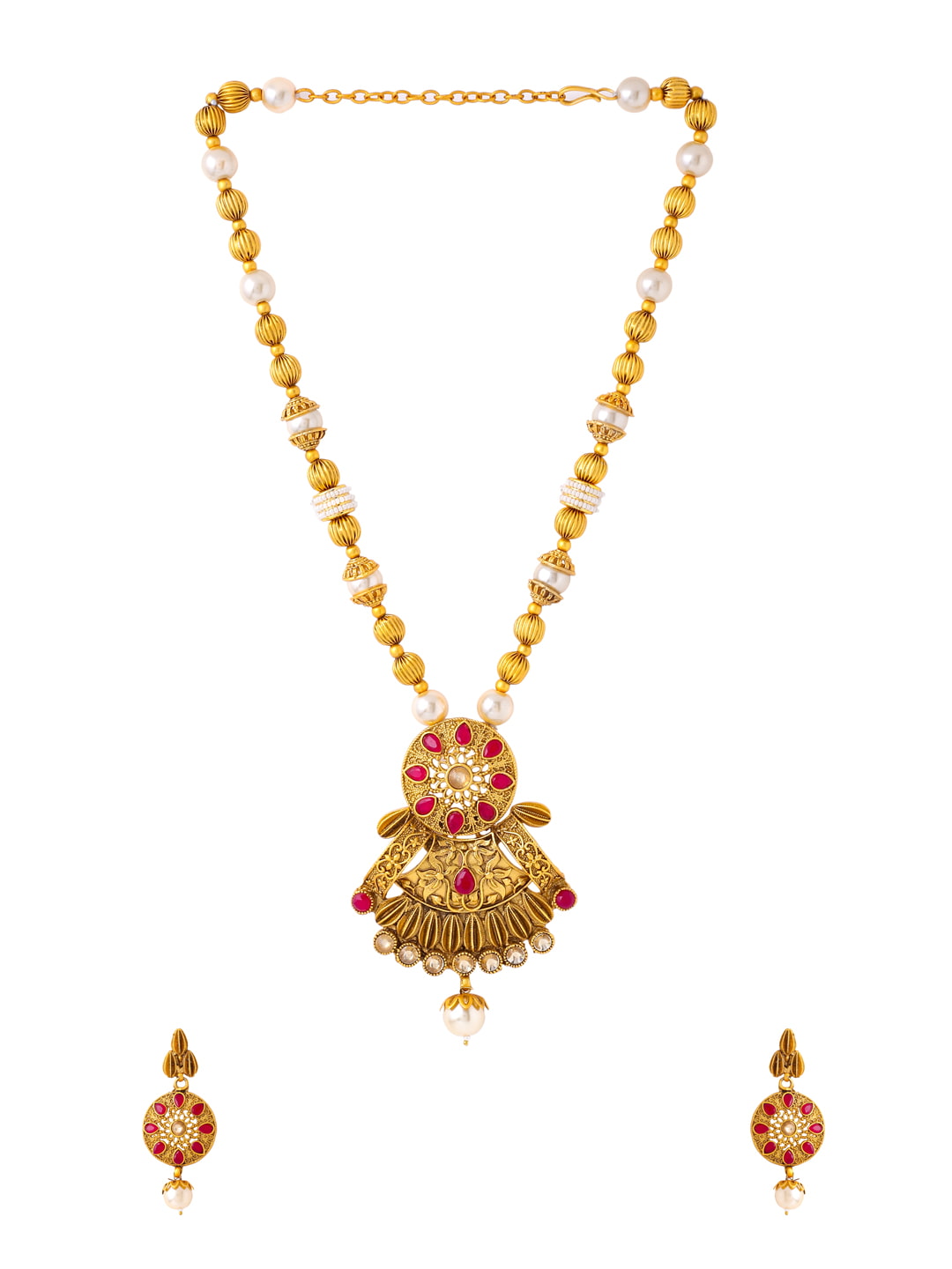 Gold Plated Long Necklace Set with Pearls-Viraasi