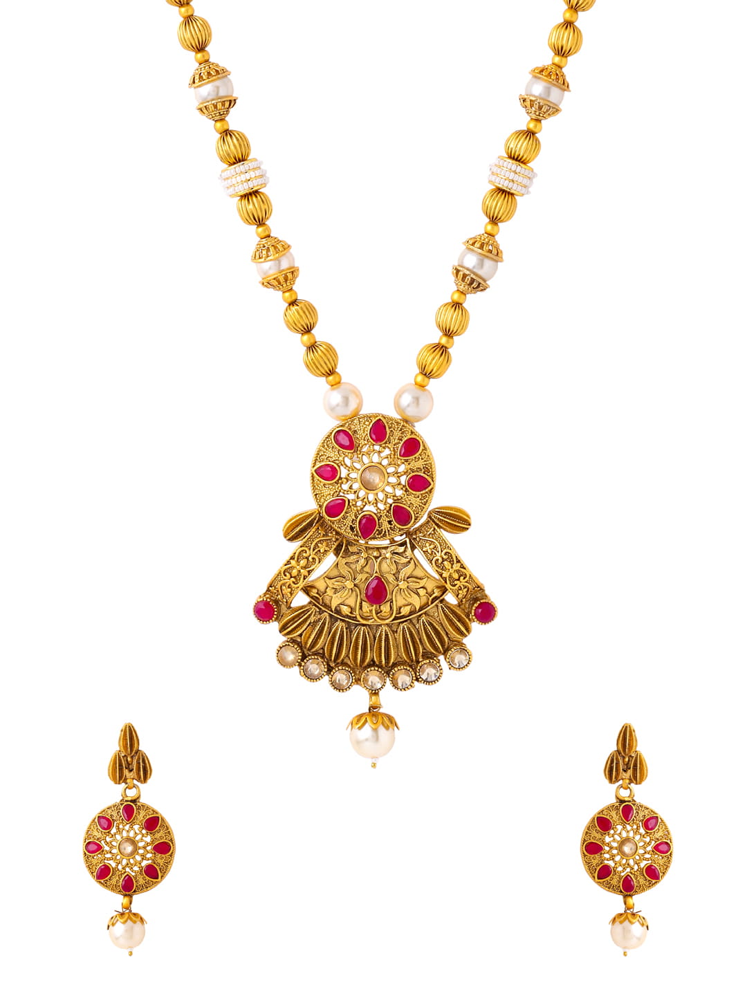 Gold Plated Long Necklace Set with Pearls-Viraasi