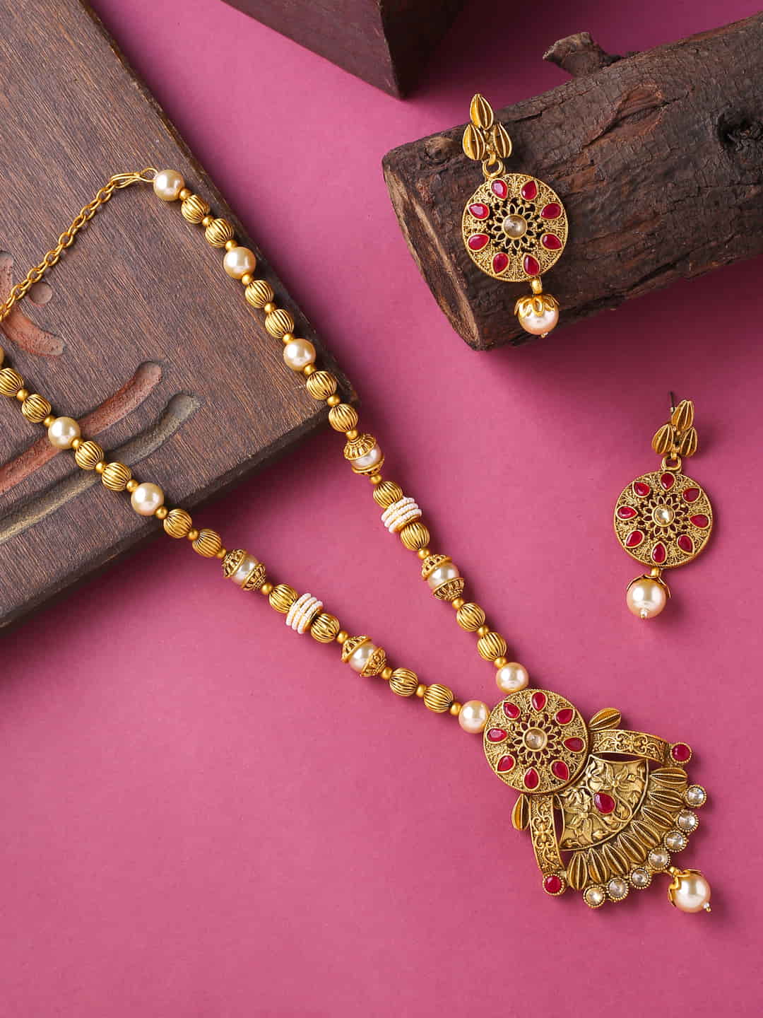 Gold Plated Long Necklace Set with Pearls-Viraasi