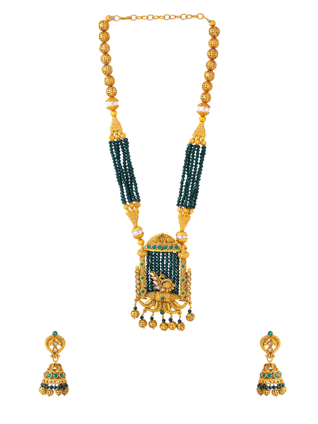 Gold Plated Peacock Shape Necklace Set with Pearls-Viraasi