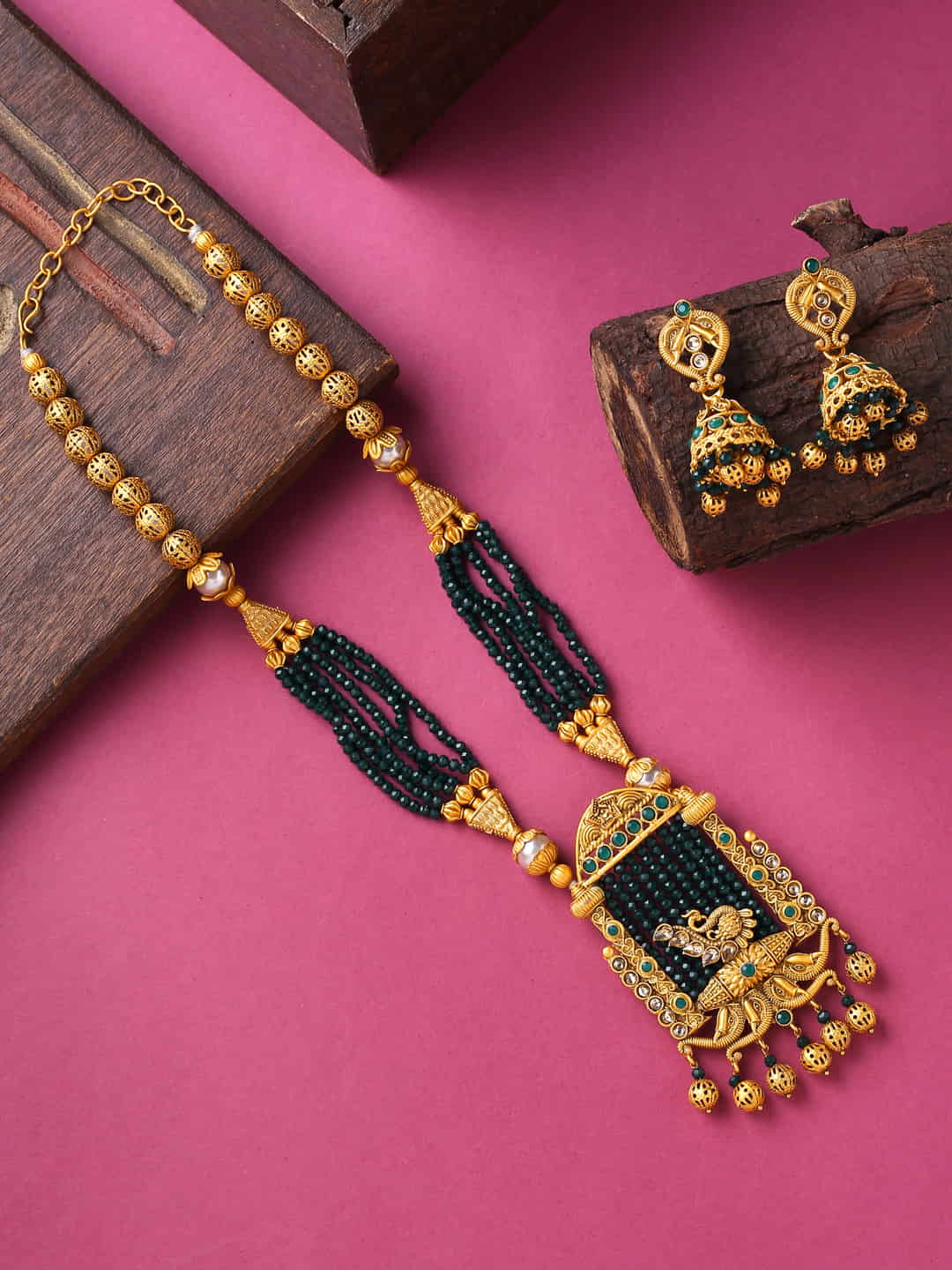 Gold Plated Peacock Shape Necklace Set with Pearls-Viraasi