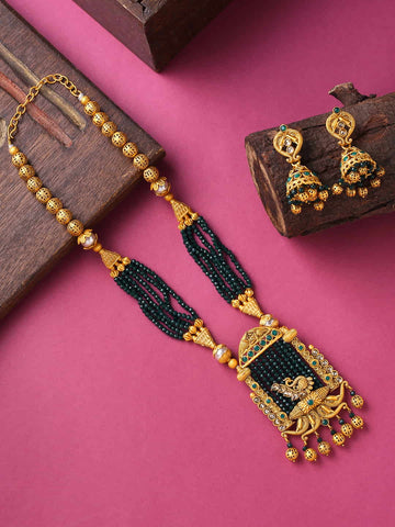 Gold Plated Peacock Shape Necklace Set with Pearls-Viraasi