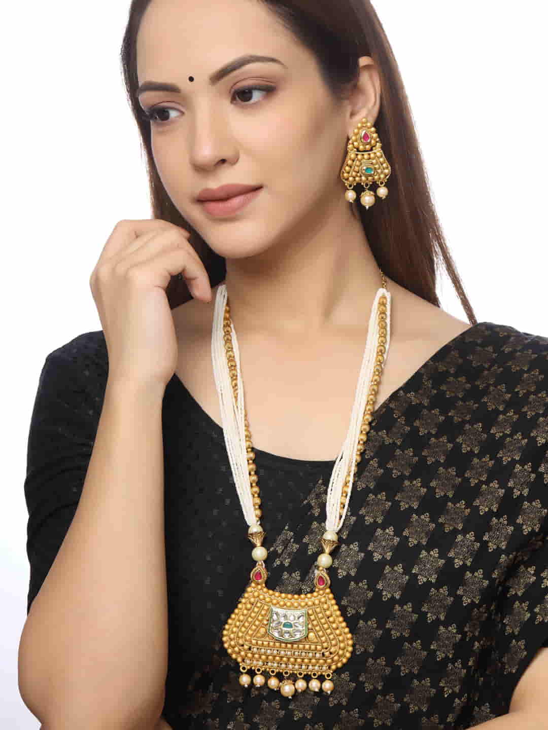 Gold Plated White Beaded Long Jewellery Set for Women