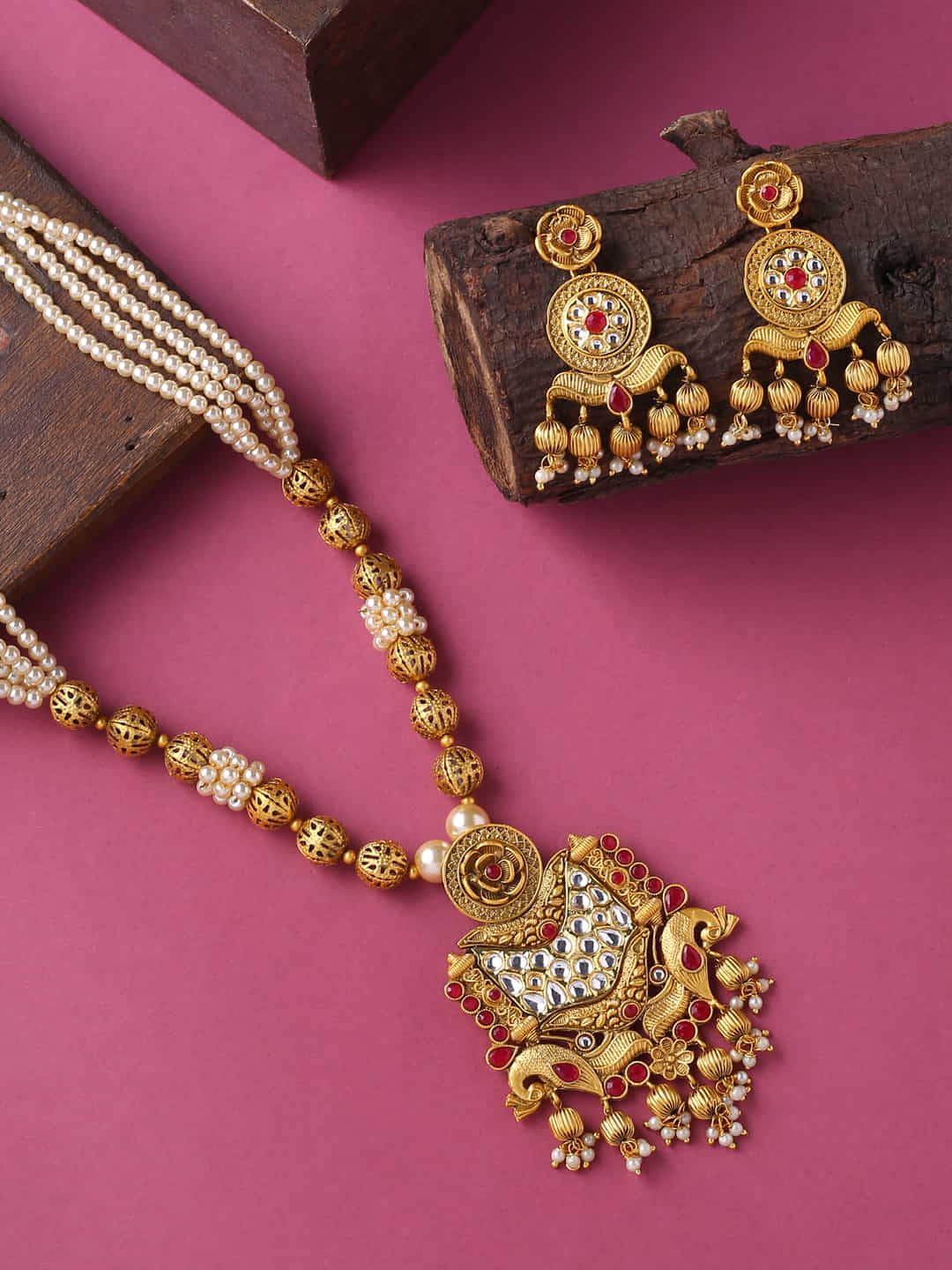 Gold Plated Peacock Shape Long Necklace Set-Viraasi