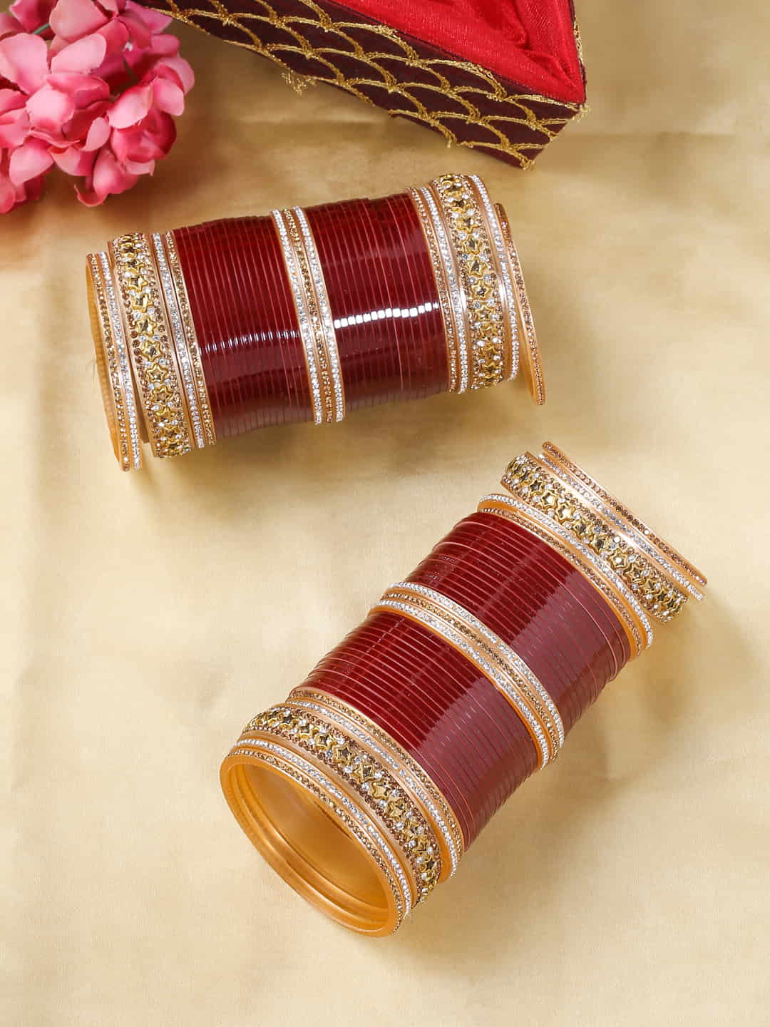 maroon-&-gold-Toned-&-plated-beaded-bridal-chura-viraasi