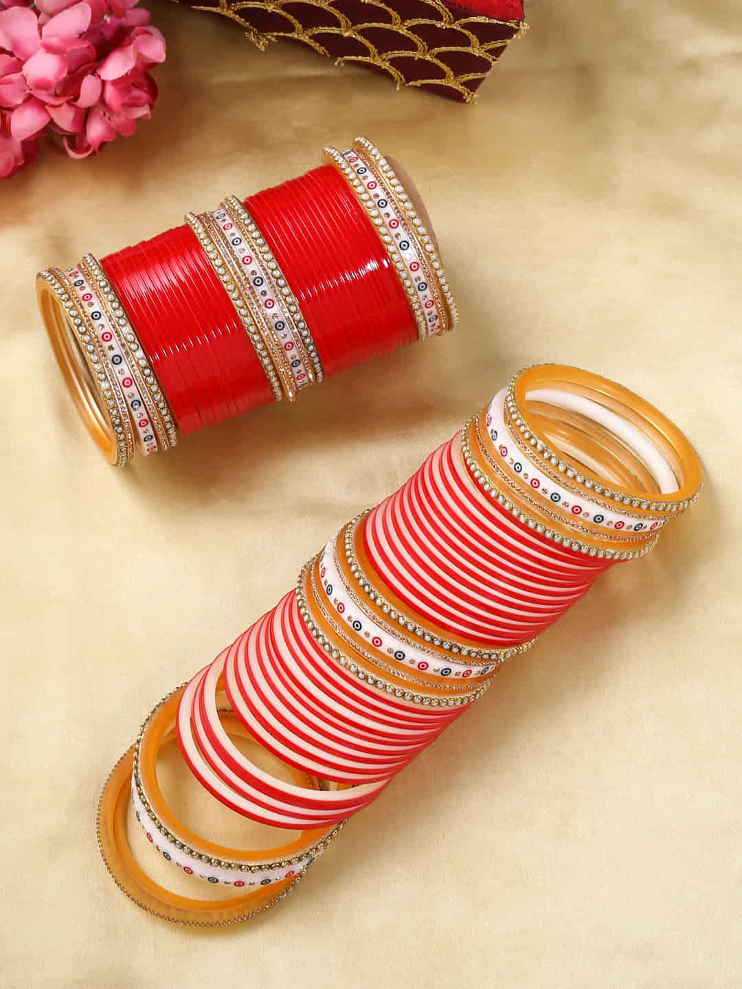 Red Gold Plated AD Bridal Chura Set
