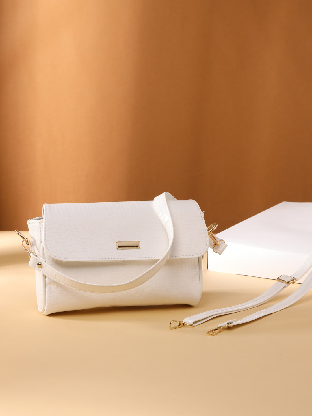 White Textured Shoulder Bag with Detachable Sling