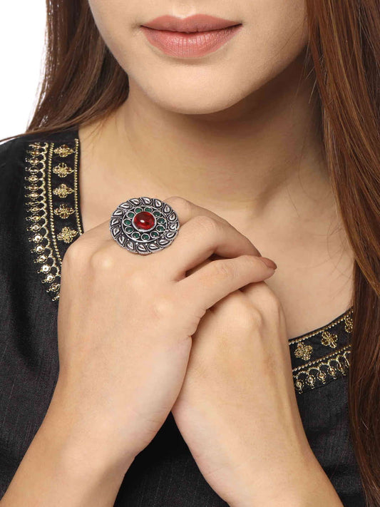 Red Stone Floral Shape Oxidised Ring-Adjustable