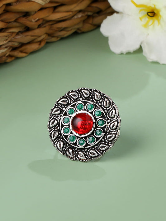 Red Stone Floral Shape Oxidised Ring-Adjustable