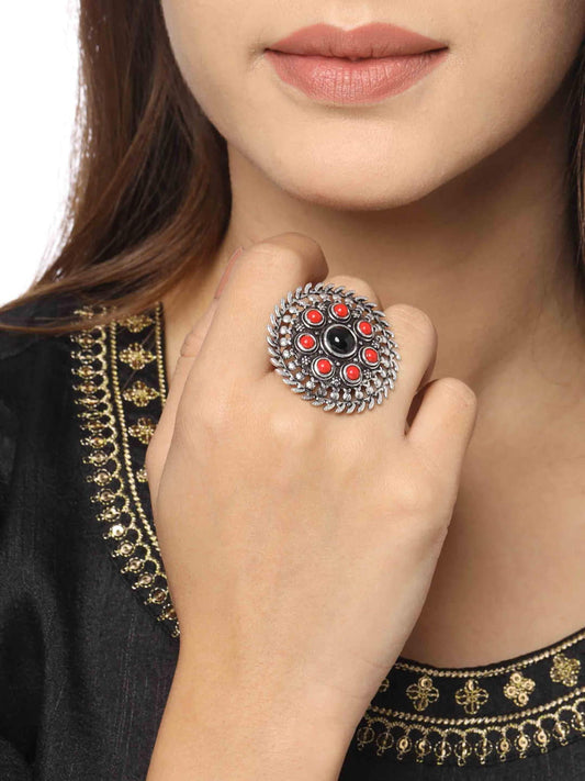 Red & Black Stone Studded Oxidised Ring-Adjustable