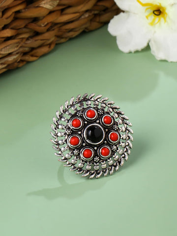 Red & Black Stone Studded Oxidised Ring-Adjustable