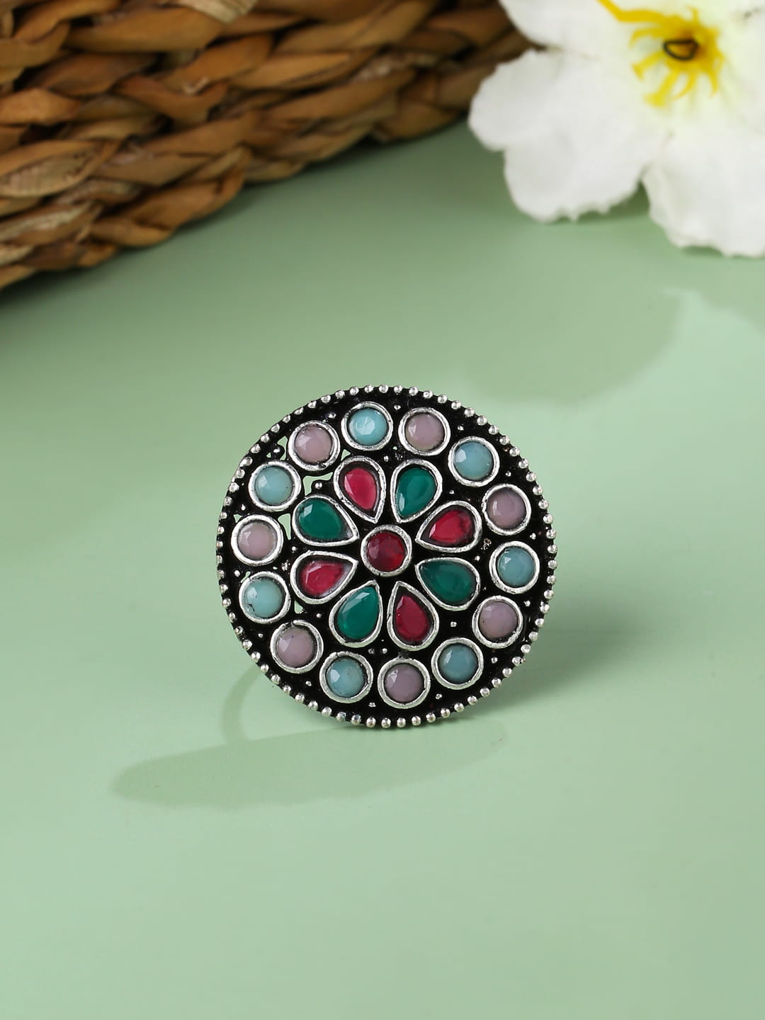 Multi-Color Stone Studded Oxidised Ring-Adjustable