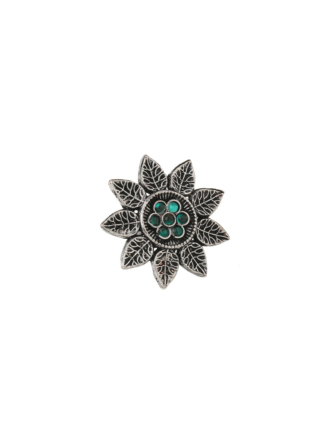 floral-shape-green-stone-studded-oxidised-ring-adjustable-viraasi