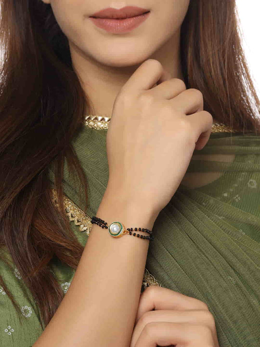 Gold Plated Black Beaded Kundan Mangalsutra Bracelet
