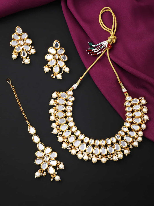 Gold Plated Kundan Studded Necklace Set with Maang Tikka