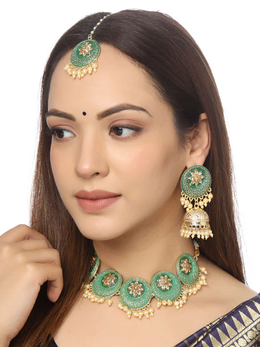 Green Enameled Choker Necklace Set with Maang Tikka