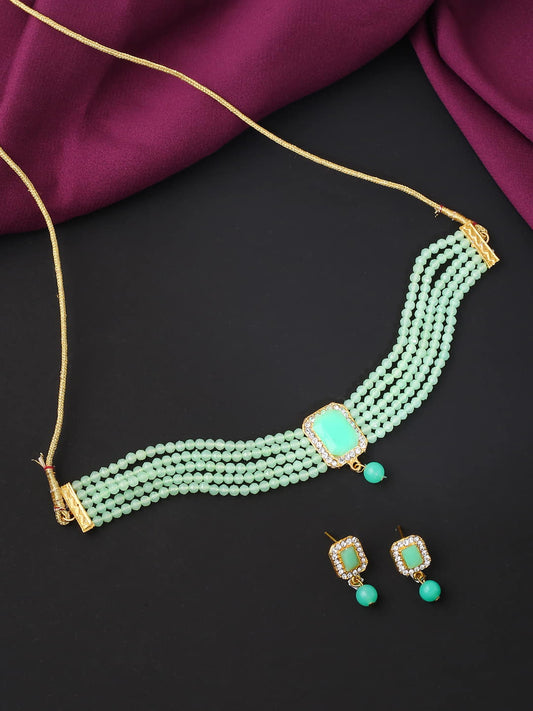 Green Beads Studded Choker Necklace Set