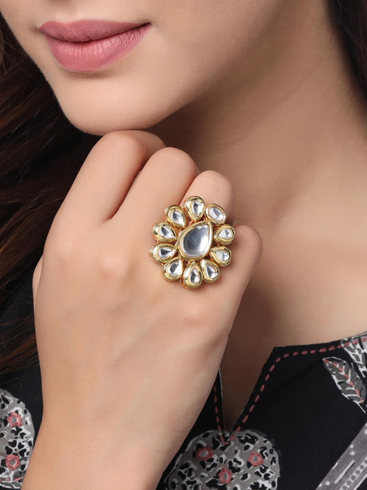 Gold Plated Oval Shape Kundan Ring