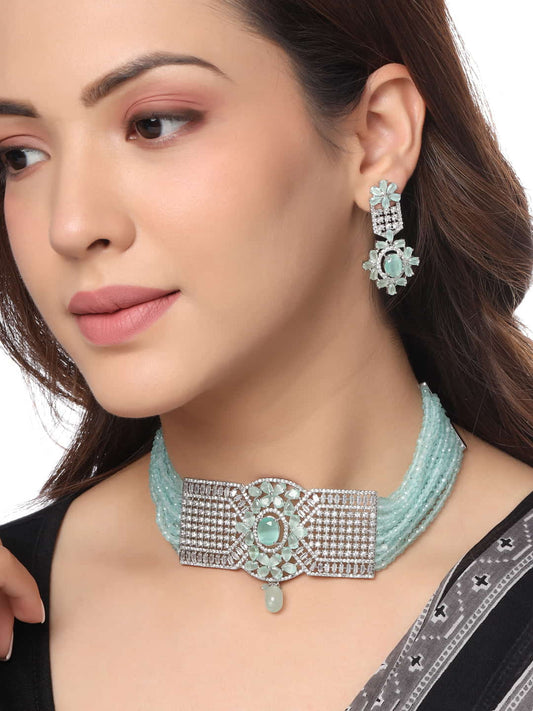 Classy Turquoise Beads AD Necklace Set