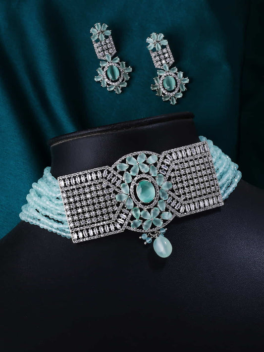 Classy Turquoise Beads AD Necklace Set