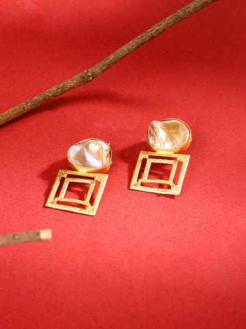 Square Shape Gold Plated Raw Stone Earrings