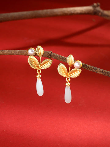 Gold Plated Jhumki Earrings With Raw Stone