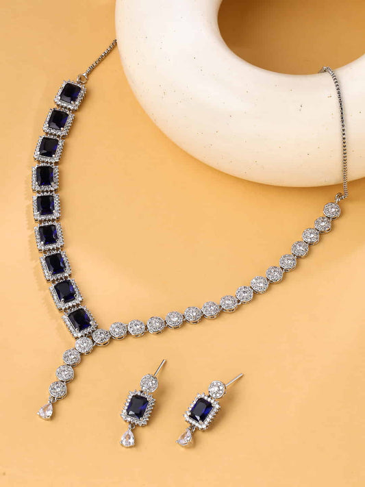 Silver Plated Blue AD Studded Necklace Set