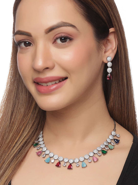Multi Colored Stones Embedded American Diamond Necklace Set
