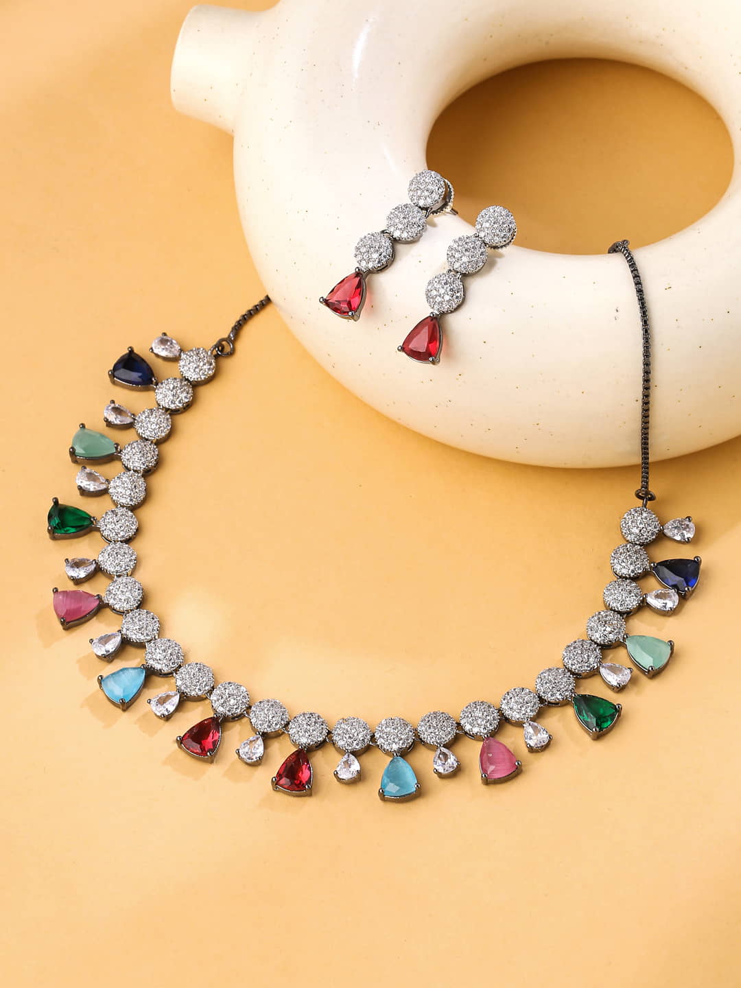 Multi Colored Stones Embedded American Diamond Necklace Set