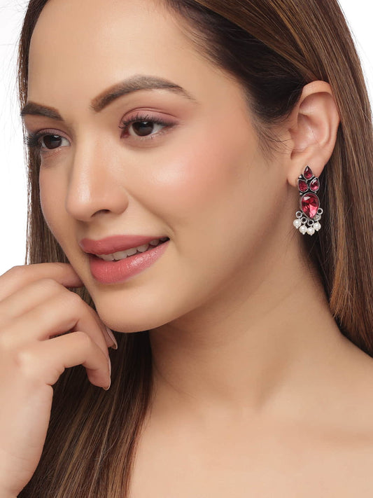 Oxidised Red Stone Dangler Earrings for Women