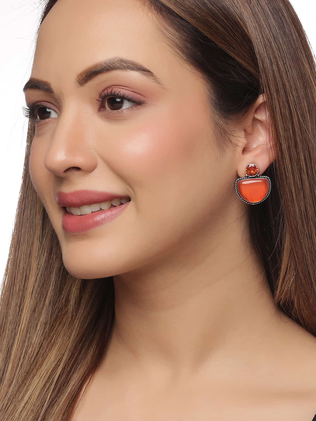 Oxidised Red Stone Stud Earrings for Women