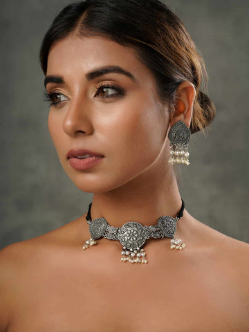 Stylish Oxidised Choker Jewellery Set with Earrings