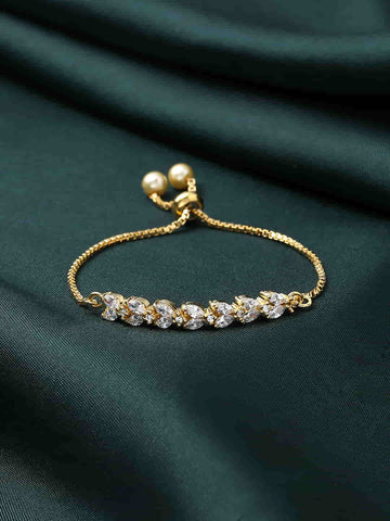 White AD Studded Gold Plated Adjustable Bracelet Gift for Her