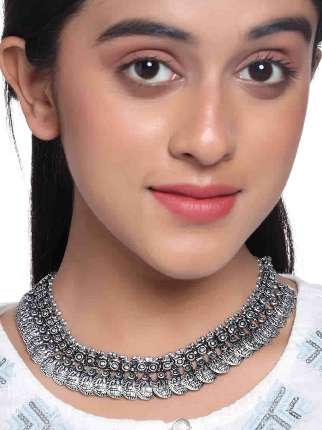 Silver Plated Oxidised Choker Necklace for Women and Girls