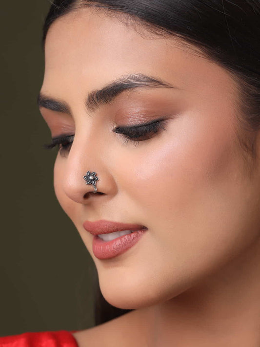 Oxidised Flower Design Nose Pin for Women