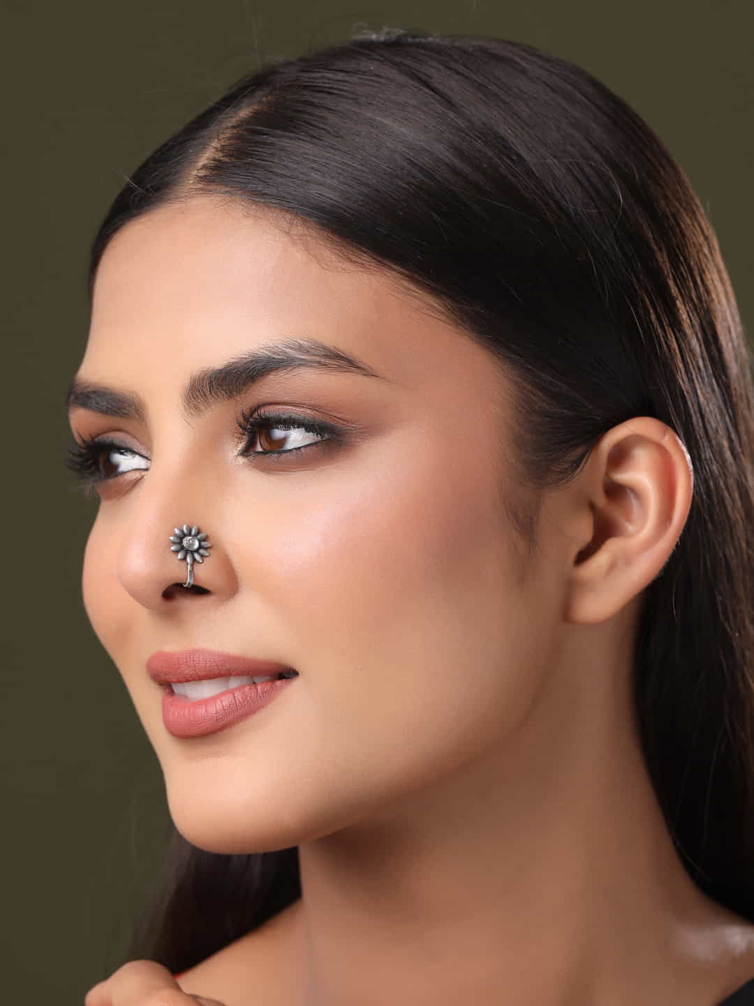 Silver Plated Oxidised Sun Flower Design Nose Pin for Women